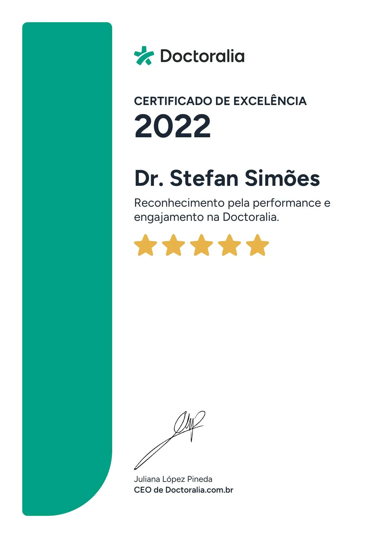 Certificado de Excelência Doctoralia 2022 — Dr. Stefan Simões
