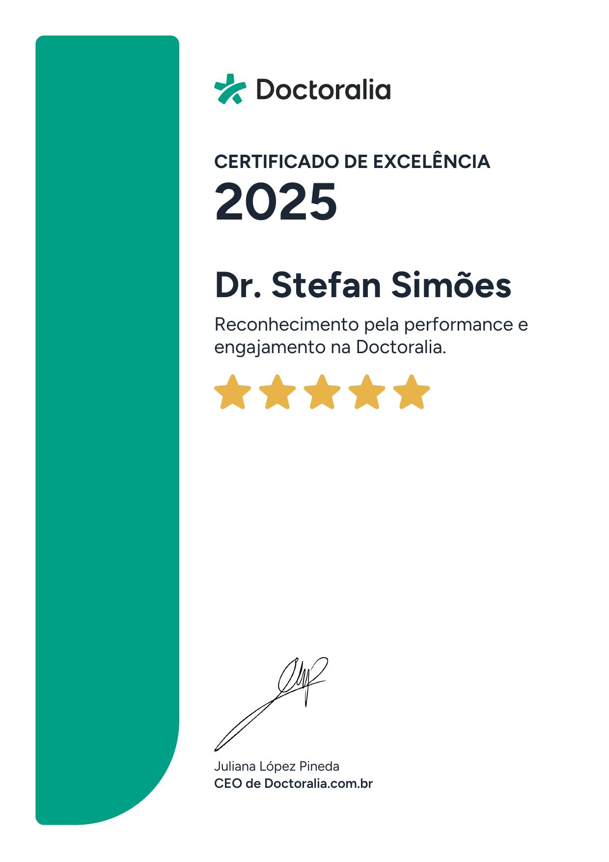 Certificado de Excelência Doctoralia 2025 — Dr. Stefan Simões